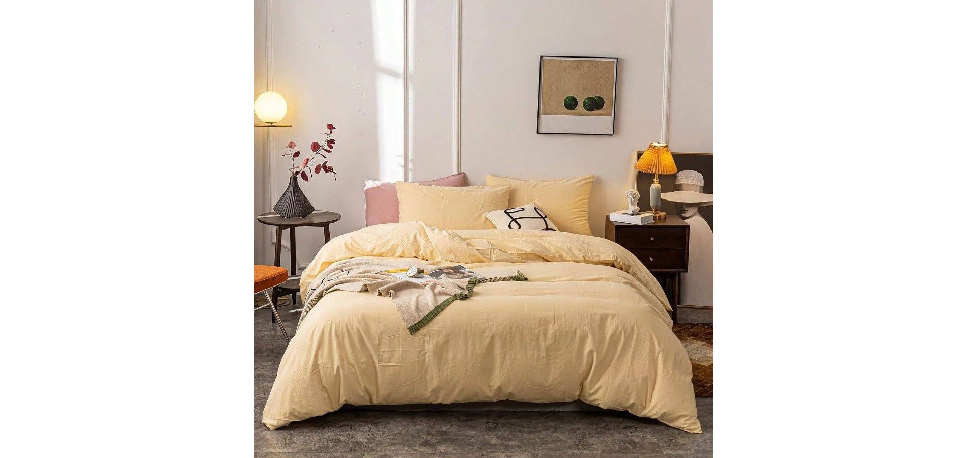 Washed Cotton King Duvet Cover 3PCS, Cream Yellow Ultra Soft Zipper Set