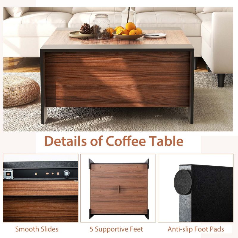 Costway 36.5'' Coffee Table Square Cocktail Tea Table with Sliding Top & Hidden Compartment Rustic Brown/Walnut/Grey, 5 of 11