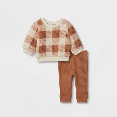 Grayson Collective Baby 2pc Buffalo Plaid Sherpa Top & Leggings Set - Brown 0-3M