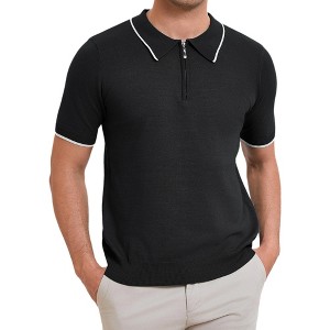 INSPIRE CHIC Men's Formal Solid Color Short Sleeved Zipper Slim Fit Classic Knit Polo Shirts - 1 of 4