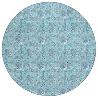 Aqua Blue And Silver Floral Washable Indoor Outdoor Area Rug