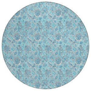 Aqua Blue And Silver Floral Washable Indoor Outdoor Area Rug - 1 of 4