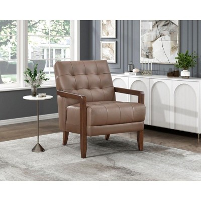 CAVINAS Leather Upholstered Accent Chair,Modern Arm Chairs with Solid Wood Arms and Legs for Bedroom,Reading Room