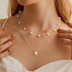 Turandoss Pearl Necklace for Women Trendy, Dainty 18K Gold Layered Pendant Necklace, Bride Bridesmaid Gifts Wedding Birthday, 15+2.5/17+2.5In - 1 of 4