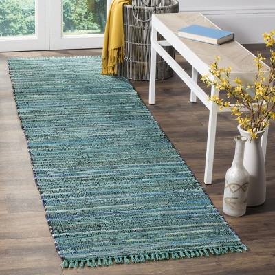 Turquoise and Multi Stripe Handwoven Cotton-Wool Runner Rug, 2'3" x 9'