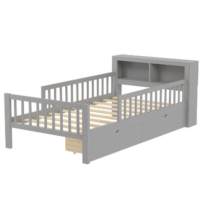 TIRAMISUBEST 84.6in Twin Size Wood Platform Bed with Guardrails Kids Bed Children's Bed Frame Gray