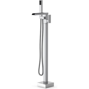 Brushed Nickel Freestanding Tub Filler- Floor mount waterfall faucet with  handheld shower & single handle. - 1 of 4