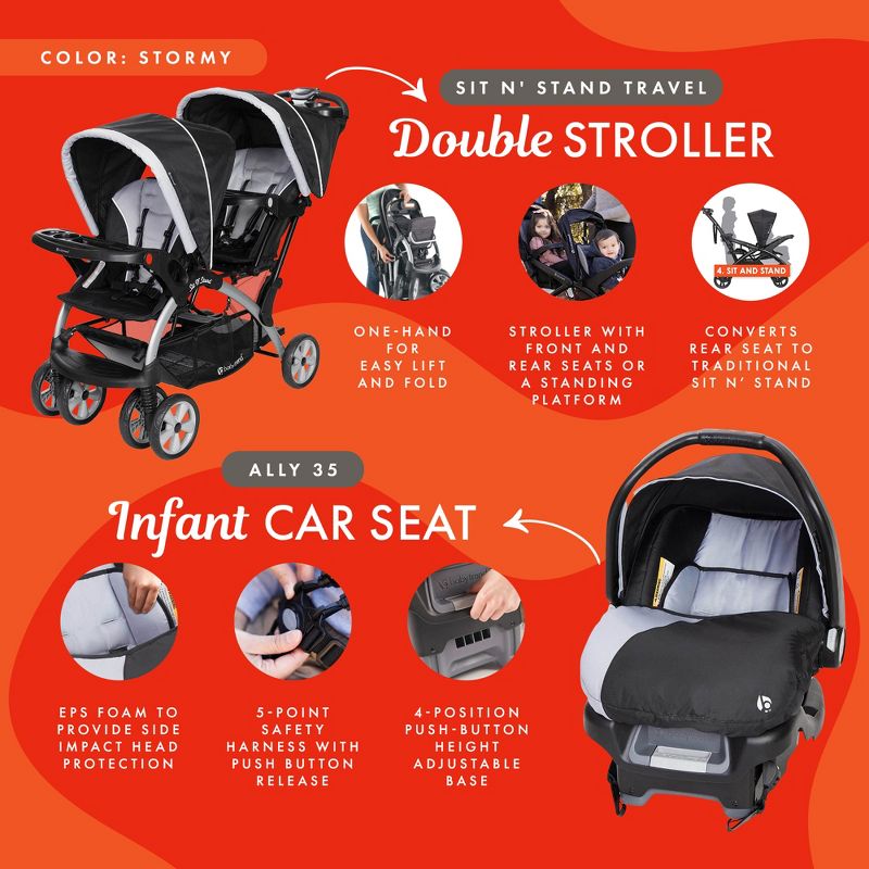 Baby Trend Sit N Stand Travel Double Baby Stroller and Car Seat Combo, 3 of 7