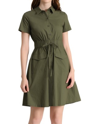 INSPIRE CHIC Women's Point Collar Front Elastic Waist Drawstring Mini Shirt Dress with Pocket