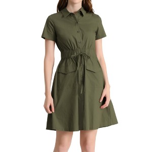 INSPIRE CHIC Women's Point Collar Front Elastic Waist Drawstring Mini Shirt Dress with Pocket - 1 of 4