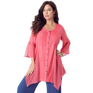 Roaman's Women's Plus Size Acid Wash Big Shirt - 1 of 4