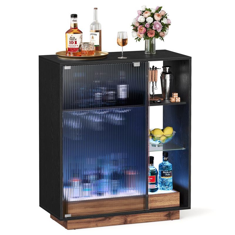 VASAGLE Wine Bar Cabinet with Lights, LED Sideboard Cabinet with Wine Storage, Coffee Bar Cabinet for Liquor with Glass Holder Ebony Black, 2 of 10