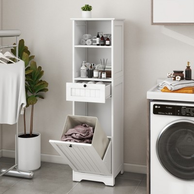 GlasFlength Decorative Storage Cabinet 1-Compartment and 1-Drawer Tilt-Out Laundry Sorter, Free Standing Home Organizer, White, 15.74"*13.77"*55.11"