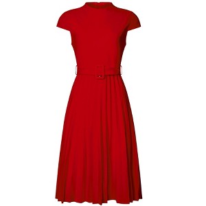 INSPIRE CHIC Women's Mock Neck Cap Sleeve Belted A-Line Midi Pleated Dresses - 1 of 4