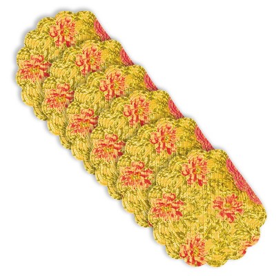 Splendor Yellow and Pink Cotton Quilted Round Reversible Placemat Set of 6