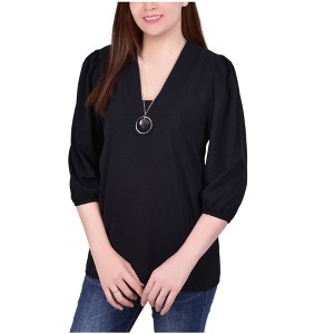 NY Collection Womens Balloon Sleeve Necklace Pullover Blouse - 1 of 1