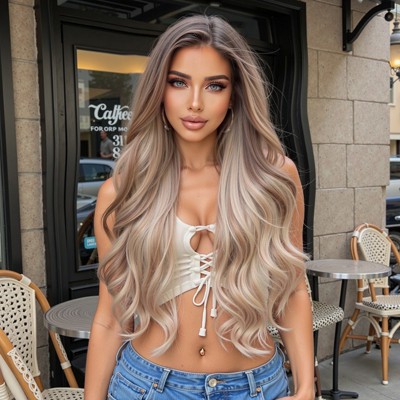 Jessie's Wig 26 Inch Long Wavy 13*3.5 Side Part Synthetic Lace Wigs Ombre Brown Blonde With Dark Root 1 Pc/Pack