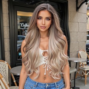 Jessie's Wig 26 Inch Long Wavy 13*3.5 Side Part Synthetic Lace Wigs Ombre Brown Blonde With Dark Root 1 Pc/Pack - 1 of 4