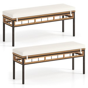 Costway 48” Wicker Patio Bench with Acacia Wood Seat Removable Padded Cushion for Garden - 1 of 1