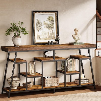 Tribesigns Farmhouse Long Console Table with Storage Shelves, 70.9-Inch Industrial Sofa Table for Living Room, Hallway, Foyer, Rustic Brown