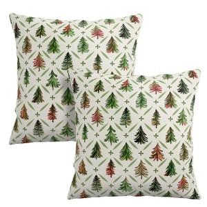 Christmas Throw Pillow Covers 18x18 Set of 2 Watercolor Green Red Xmas Tree Rustic Style Print - 1 of 3