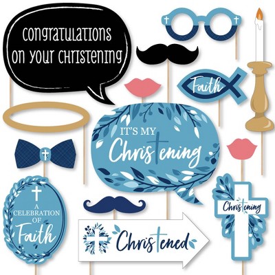 Big Dot of Happiness Christening Blue Elegant Cross - Boy Religious Party Photo Booth Props Kit - 20 Count