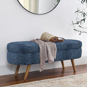 Sapphtopaz Pleated Fabric Ottoman with Storage, Upholstered Oval Ottoman Bench with Rubber Wood Legs, Multi-Functional Footstool or Seat - 1 of 4