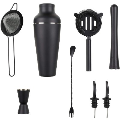 Matte Black 8-Piece Stainless Steel Cocktail Shaker Set with Bamboo Stand