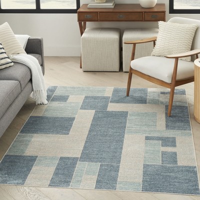 Blue Ivory Geometric 5' x 7' Machine Washable Area Rug