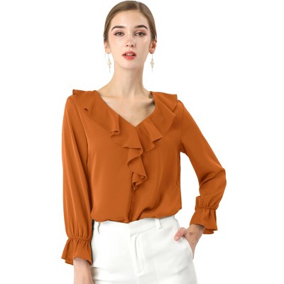 INSPIRE CHIC Women's Office Work Ruffle V Neck Long Sleeve Chiffon Peasant Blouse