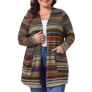 Agnes Orinda Women's Plus Size Open Front Long Sleeve Contrast Color Stripe Sweater Cardigans - 1 of 4