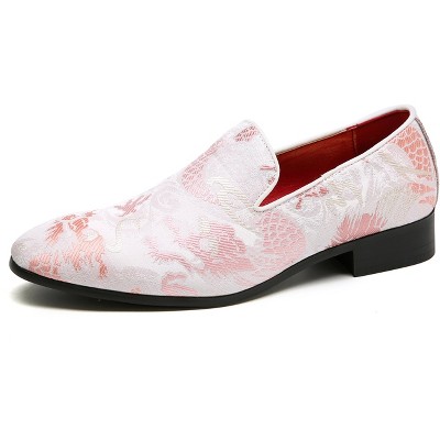 Santimon Mens Floral Loafers Embroidery Casual Slip On Driving Wedding Prom Shoes Pink