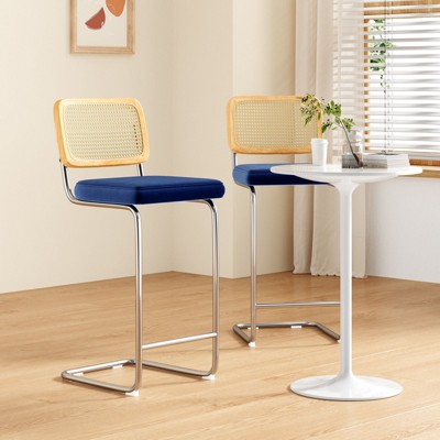 PexFix 2Pcs Counter Height Bar Stools Upholstered Velvet Barstools with Rattan Back 30" Height Stools Armless Bar Chairs for Kitchen Island Blue