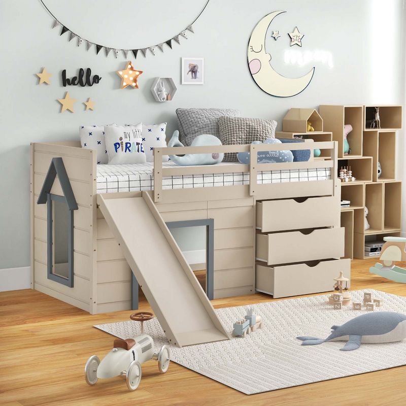 Costway Twin Low Loft bed with Slide Ladder Storage Drawers Play Game Space Wooden, 2 of 11