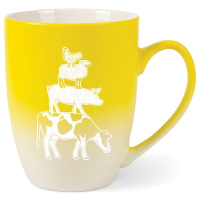 Elanze Designs 12 Ounce Ceramic Decorative Laser Engraved Cow Pig Sheep Chicken Giftable Novelty Tea Coffee Cup Mug Yellow and White Stacked Farm