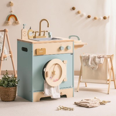 ROBOTIME Kitchen Washer Playset with Clothes Basket, Iron and Sink, Toy Sets, Blue, 20"*11.8"*22"