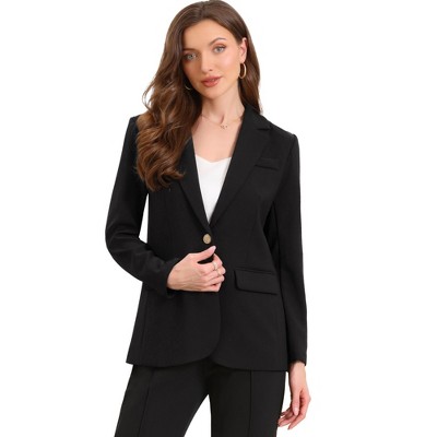 Allegra K Women Notched Lapel Single Breasted Long Sleeve Flap Pocket Straight Lined Business Casual Suit Jacket Blazer