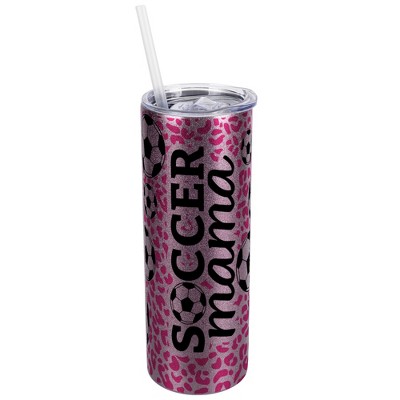 Elanze Designs Leopard Print Hot Pink Rose Gold 20 Ounce Double Wall Stainless Steel Glitter Travel Tumbler With Sliding Lid And Straw, Soccer Mom