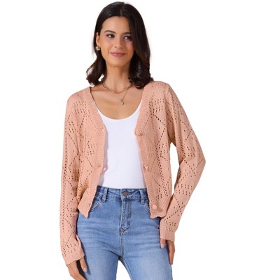 INSPIRE CHIC Women's Long Sleeve Button Down Knit Hollow Out V Neck Cropped Cardigans