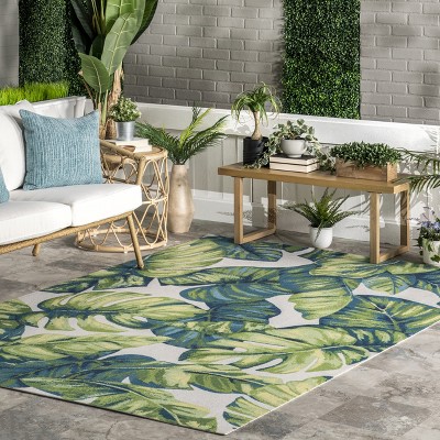 Tropical Breeze 6' Square Blue & Green Floral Synthetic Outdoor Rug