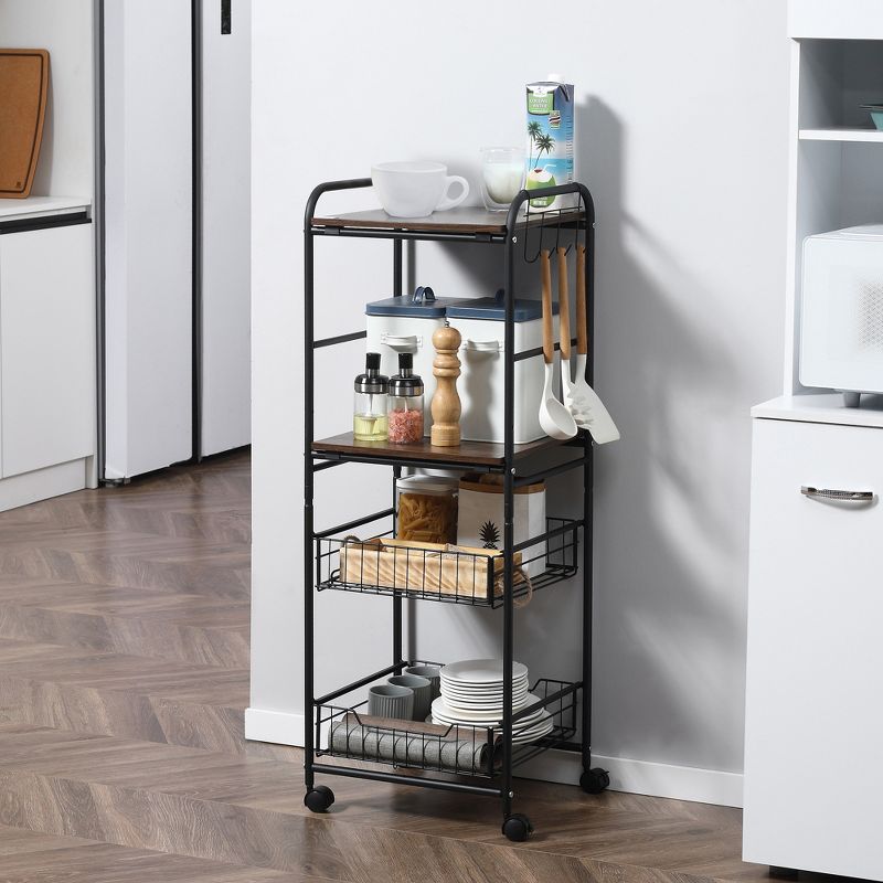 HOMCOM 16" 4-Tier Rolling Kitchen Cart, Utility Storage Trolley with 2 Basket Drawers, Side Hooks for Dining Room and Kitchen, 2 of 7