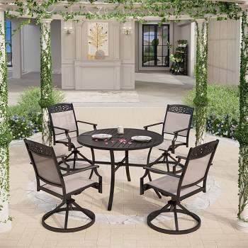 5pc Outdoor Dining Set with Swivel Sling Chairs & Metal Round Slat Table with Umbrella Hole - Captiva Desings