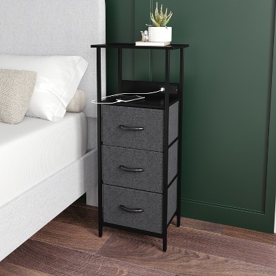 Charcoal Black 3-Drawer Nightstand with USB Charging Station