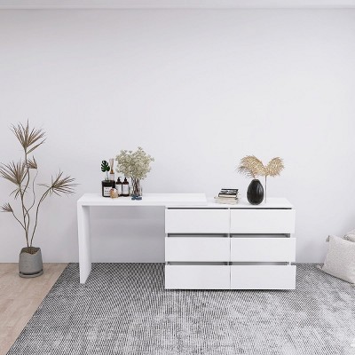 Okak Modern Vanity Desk Extended Desktop, Dresser Cabinet, Makeup Vanity with Drawers without Mirror for Bedroom,Makeup Room, White