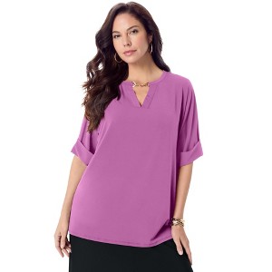 Roaman's Women's Plus Size Ultrasmooth Fabric V Neck Tee With Chain Detail - 1 of 4