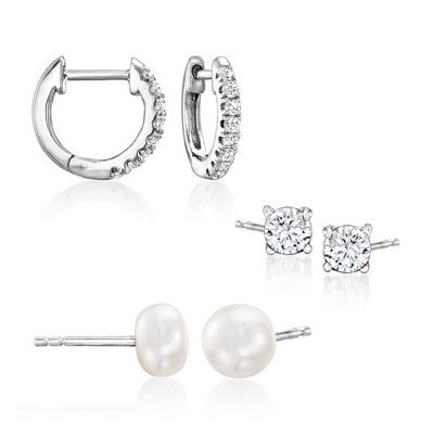 Ross-Simons 6-6.5mm Cultured Pearl and .60 ct. t.w. CZ Jewelry Set: 3 Pairs Of Earrings in Sterling Silver