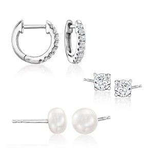 Ross-Simons 6-6.5mm Cultured Pearl and .60 ct. t.w. CZ Jewelry Set: 3 Pairs Of Earrings in Sterling Silver - 1 of 4