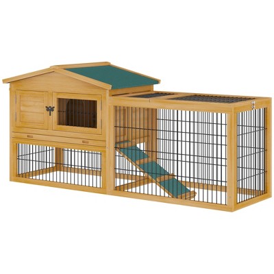 PawHut 2 Levels Wooden Rabbit Hutch Bunny Hutch House Guinea Pig Cage with Run Space, Removable Tray, Ramp and Waterproof Roof for Outdoor