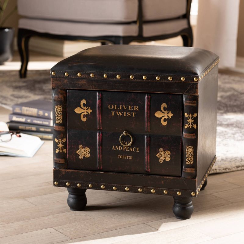Charlier Faux Leather Wood Storage Ottoman with Book Spine Drawer Brown - Baxton Studio, 4 of 12