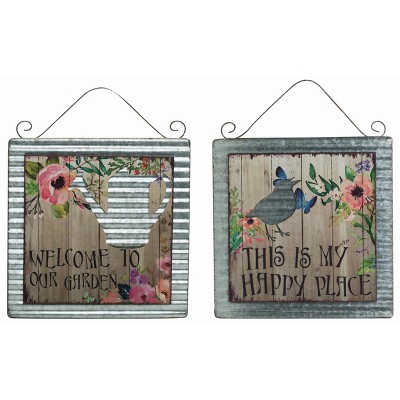 Transpac Square Metal/Wood Galvanized Garden Sentiment Wall Decor Set of 2 14.5 x 14.5 inch